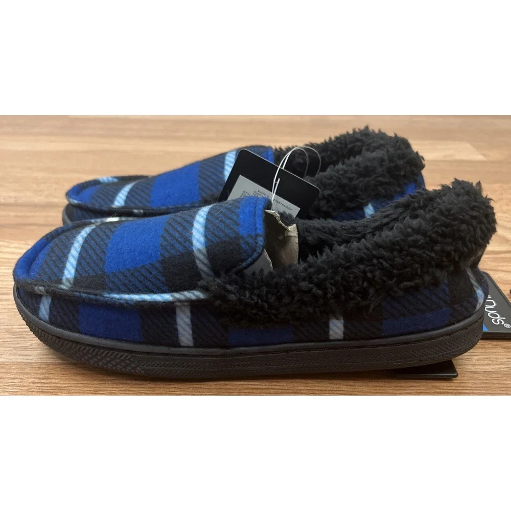 Cuddl Duds Youth Boys Slippers Size Small (1-2) Blue/Black Plaid NEW
